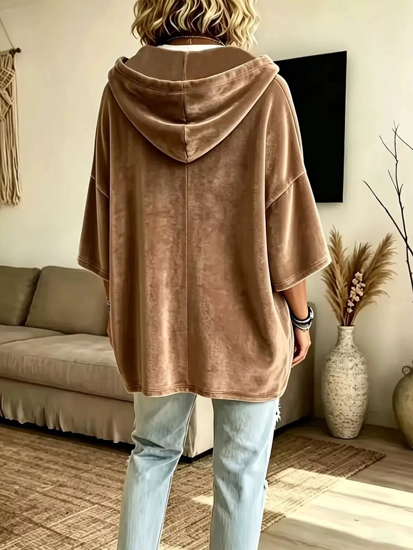 Full Size Velvet 3/4 Sleeve Hoodie with Kangaroo Pocket Plus Size by Trendsi