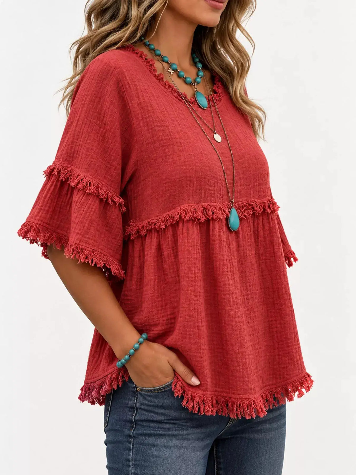 Full Size Frayed Edge Textured Blouse Plus Size by Trendsi