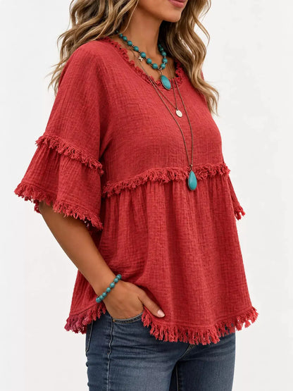 Full Size Frayed Edge Textured Blouse Plus Size by Trendsi