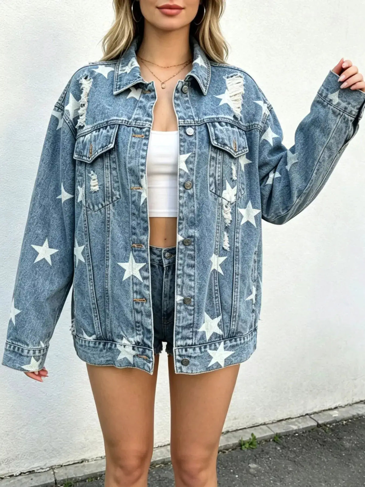 Star Print Distressed Oversized Denim Jacket by Trendsi