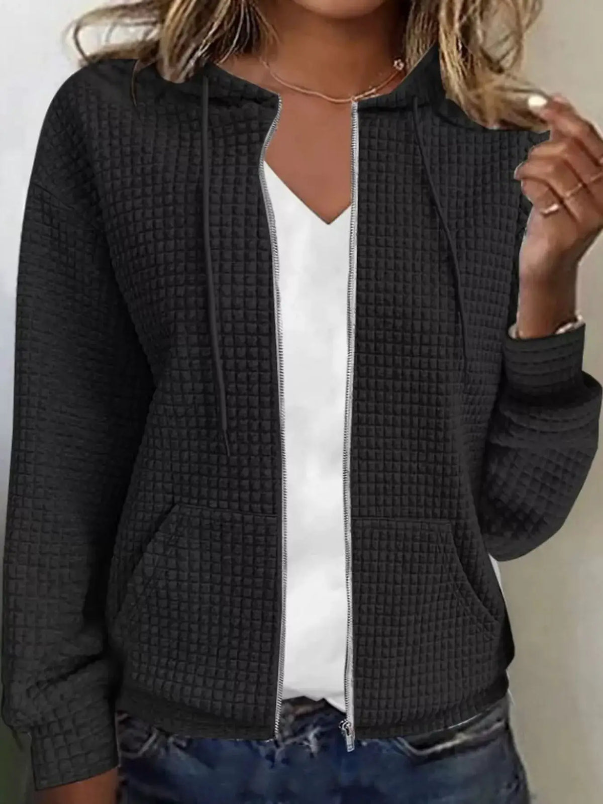 Waffle Knit Zip-Up Hoodie with Drawstring and Pockets by Trendsi