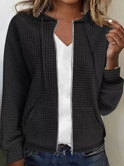 Waffle Knit Zip-Up Hoodie with Drawstring and Pockets by Trendsi