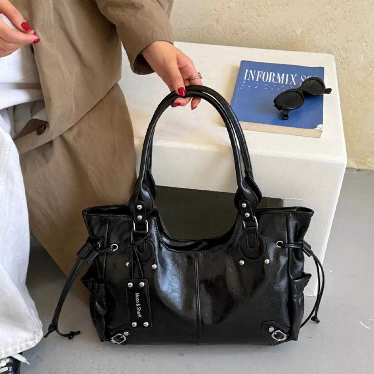 Drawstring Leather Handbag by Trendsi