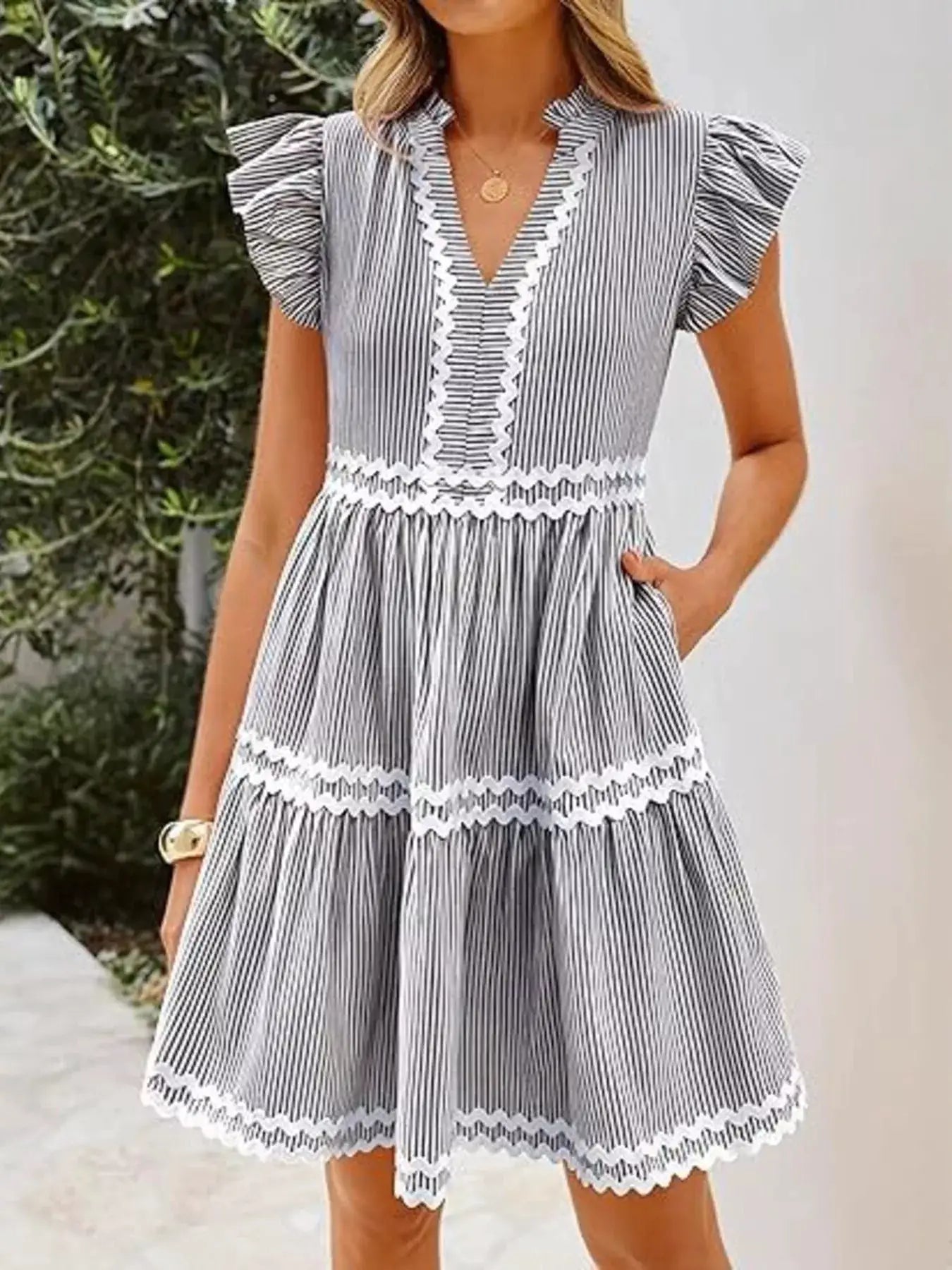 Striped Ruffle Sleeve Tiered Dress by Trendsi