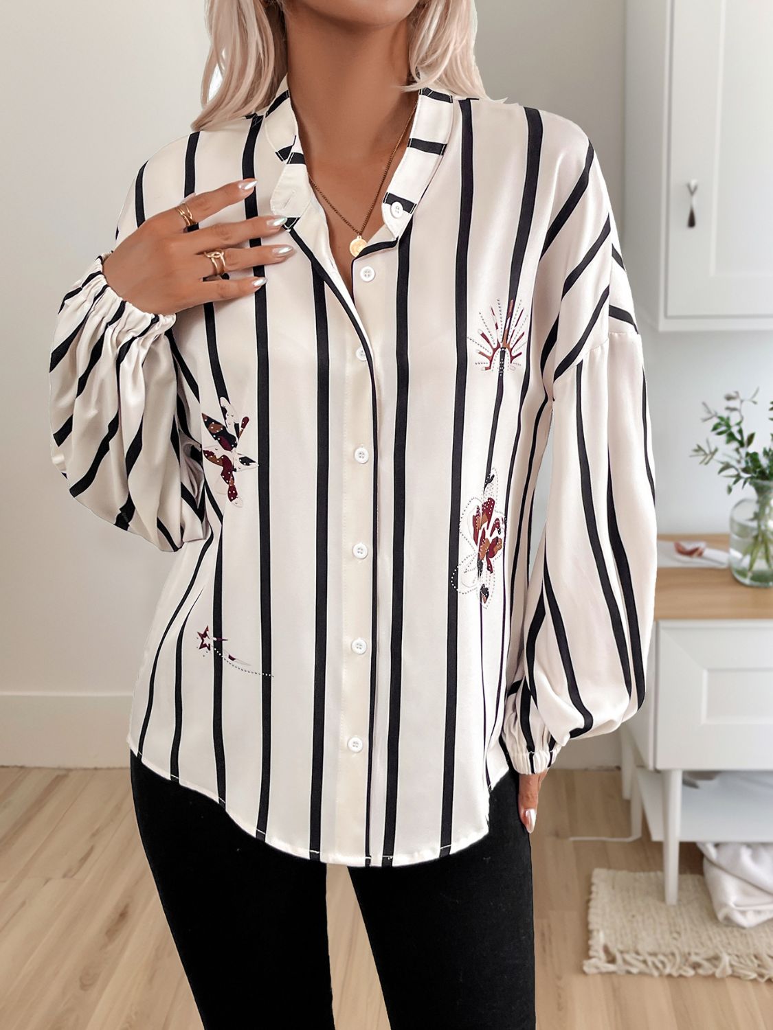 Perfee Striped Collared Neck Long Sleeve Shirt