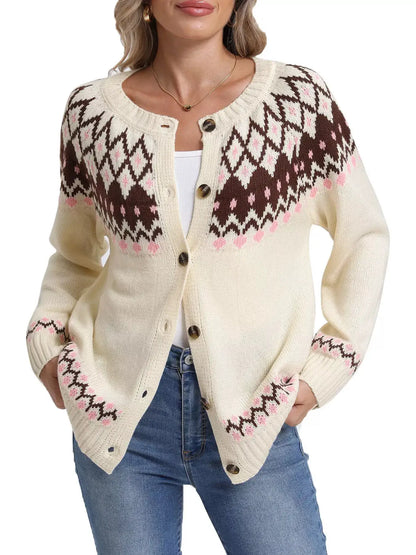 Fair Isle Patterned Button-Down Knit Cardigan by Trendsi