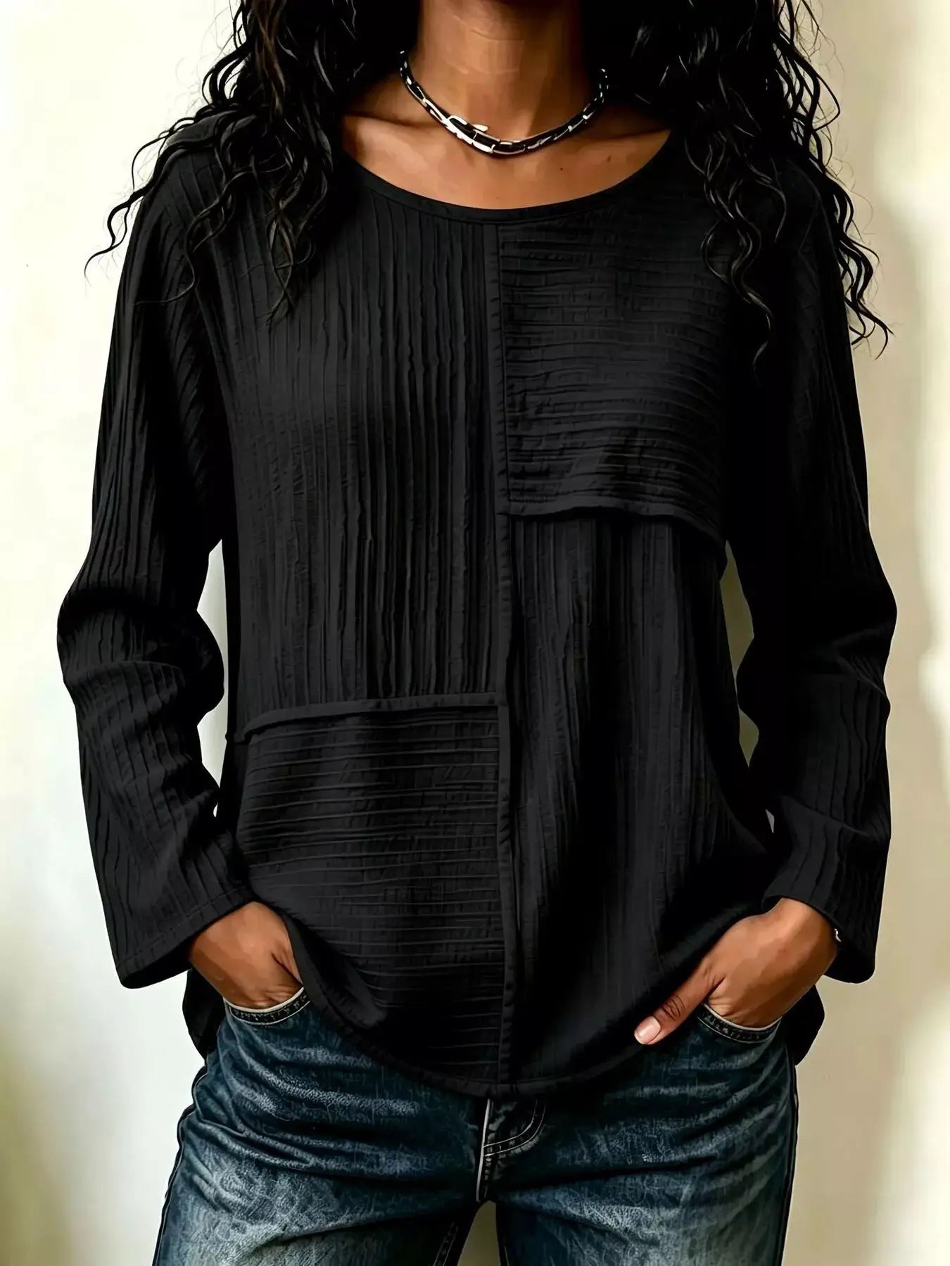 Textured Patchwork Long Sleeve Casual T-Shirt by Trendsi