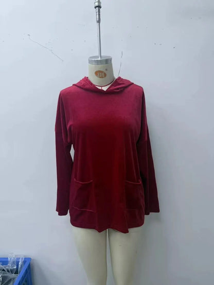 Velvet Front Pockets Hoodie by Trendsi