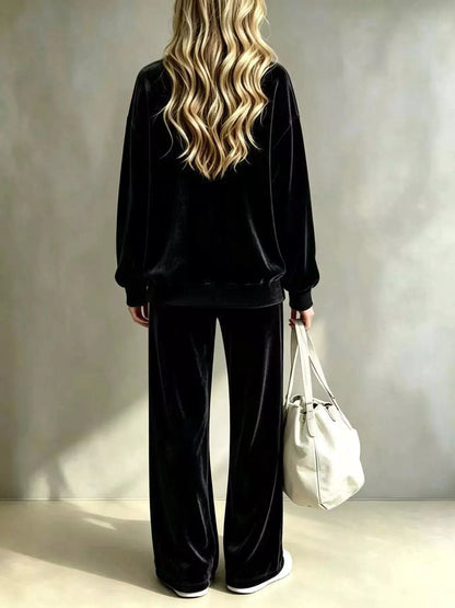 Full Size Velvet Dropped Shoulder Top and Wide-Leg Pants Set Plus Size by Trendsi
