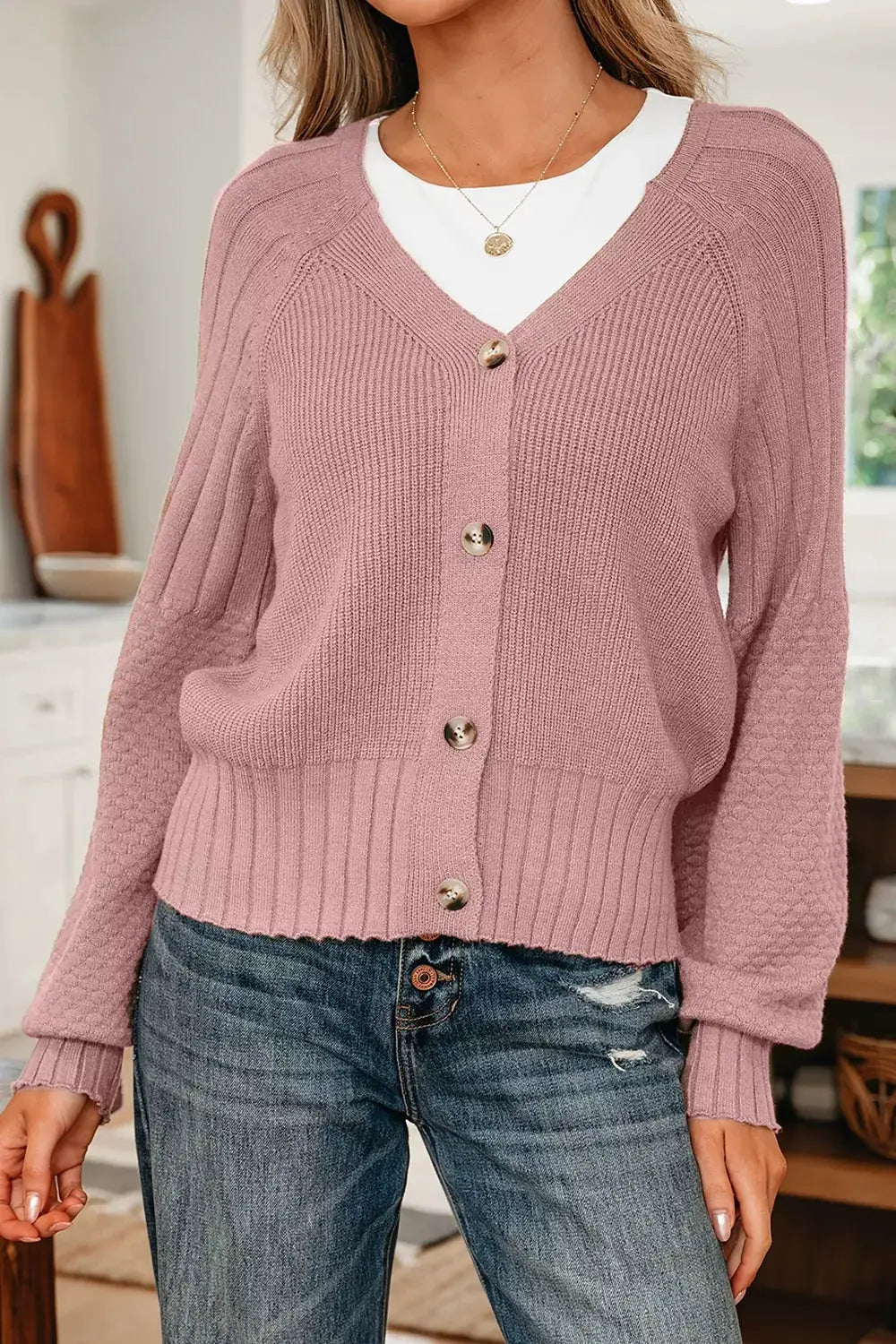 V-Neck Button-Down Cardigan by Trendsi