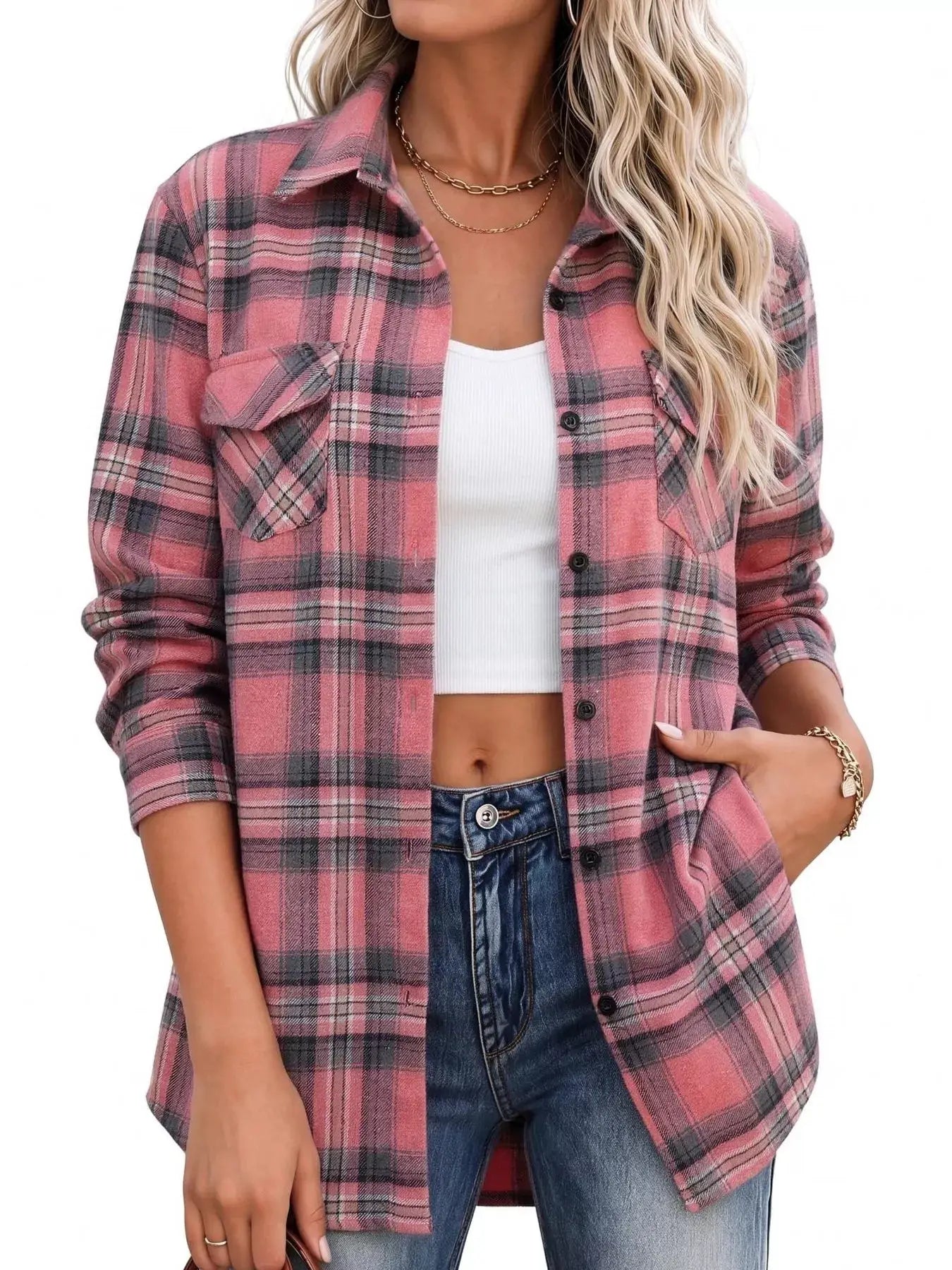 Casual Plaid Button-Down Shirt by Trendsi