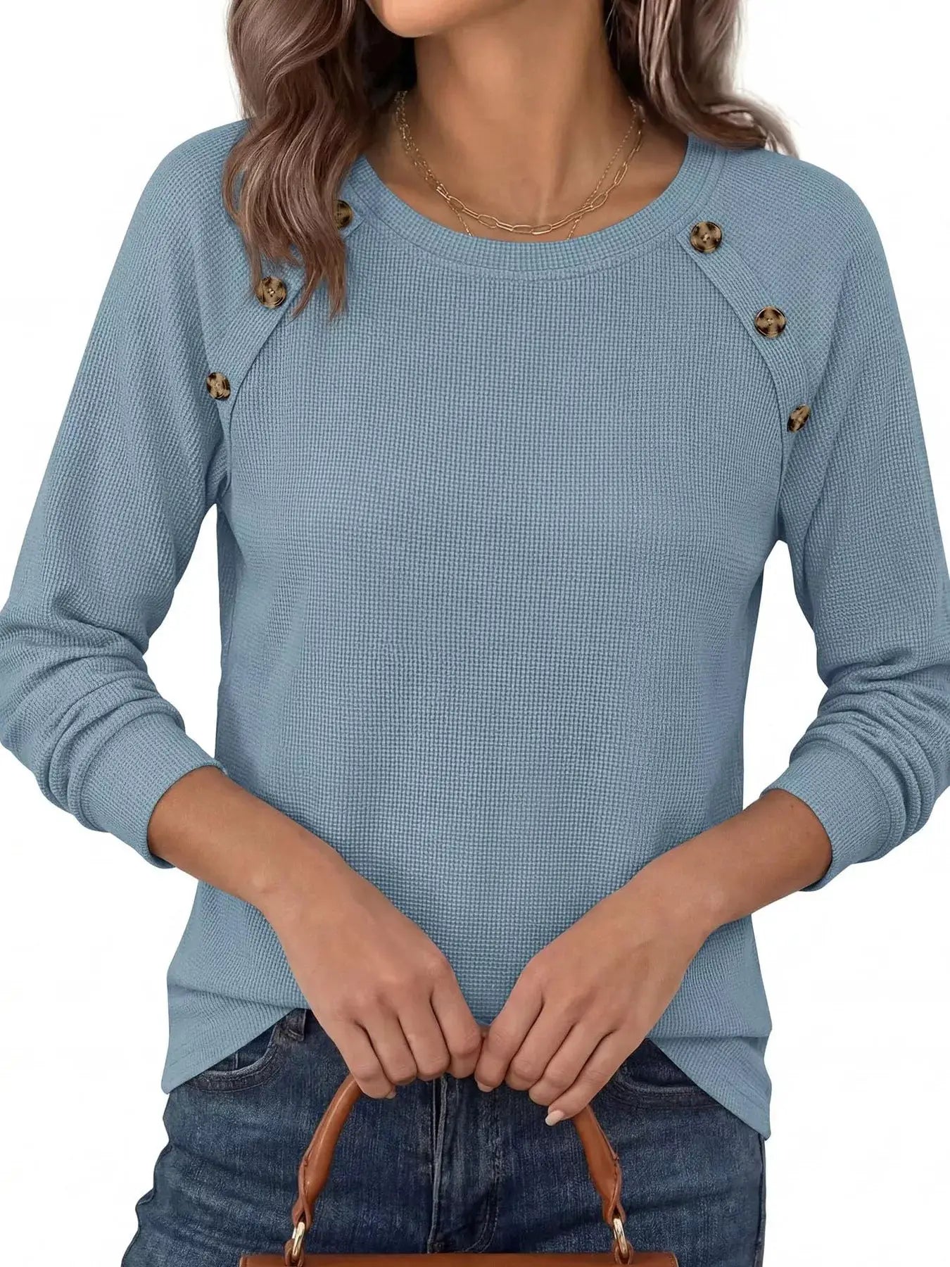 Decorative Button Waffle Knit Long Sleeve T-Shirt by Trendsi