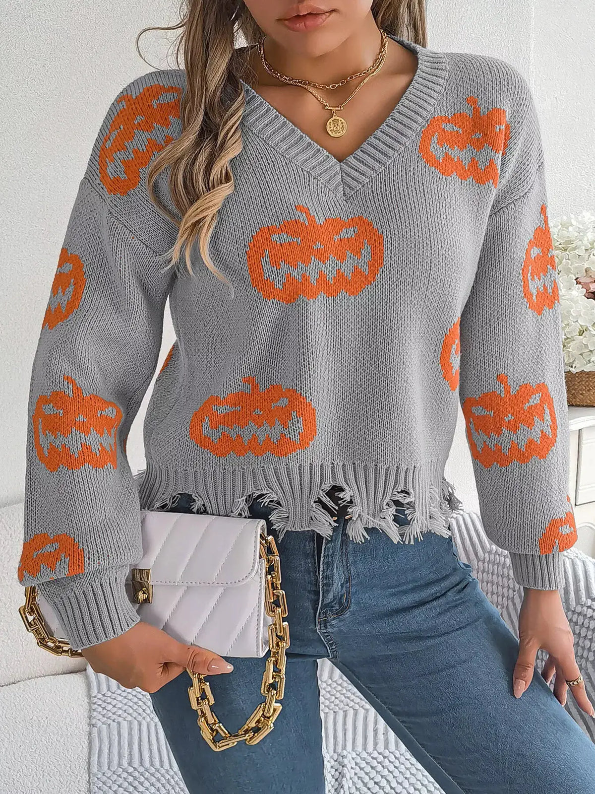 Pumpkin Distressed Hem Sweater by Trendsi