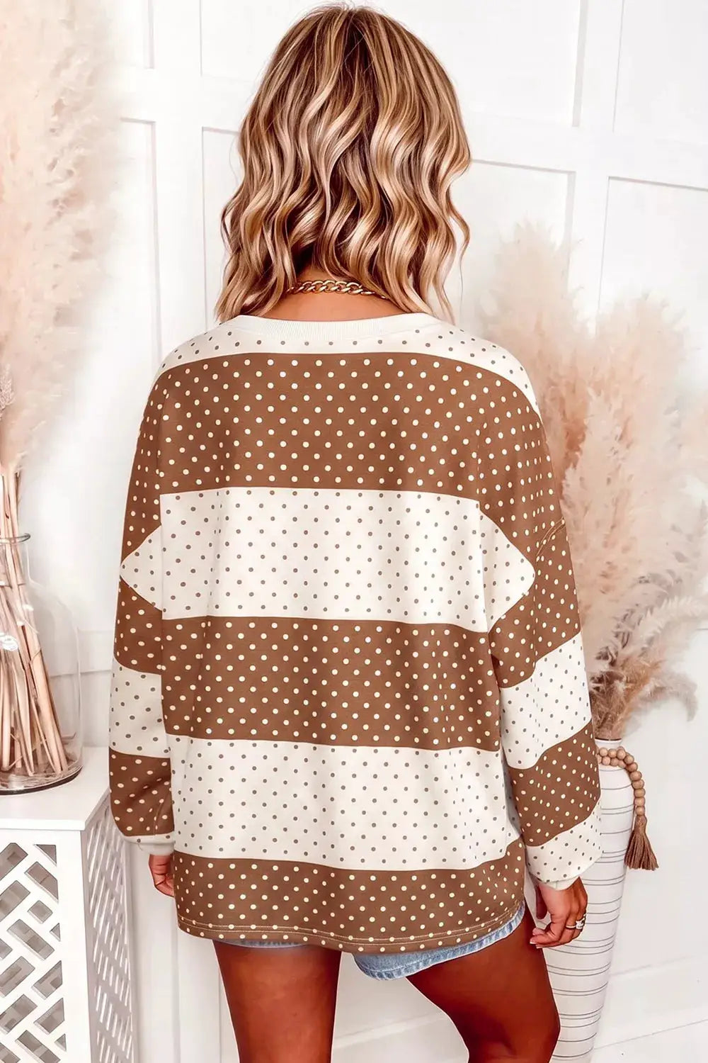 Polka Dot Color Block Long Sleeve Top by Trendsi