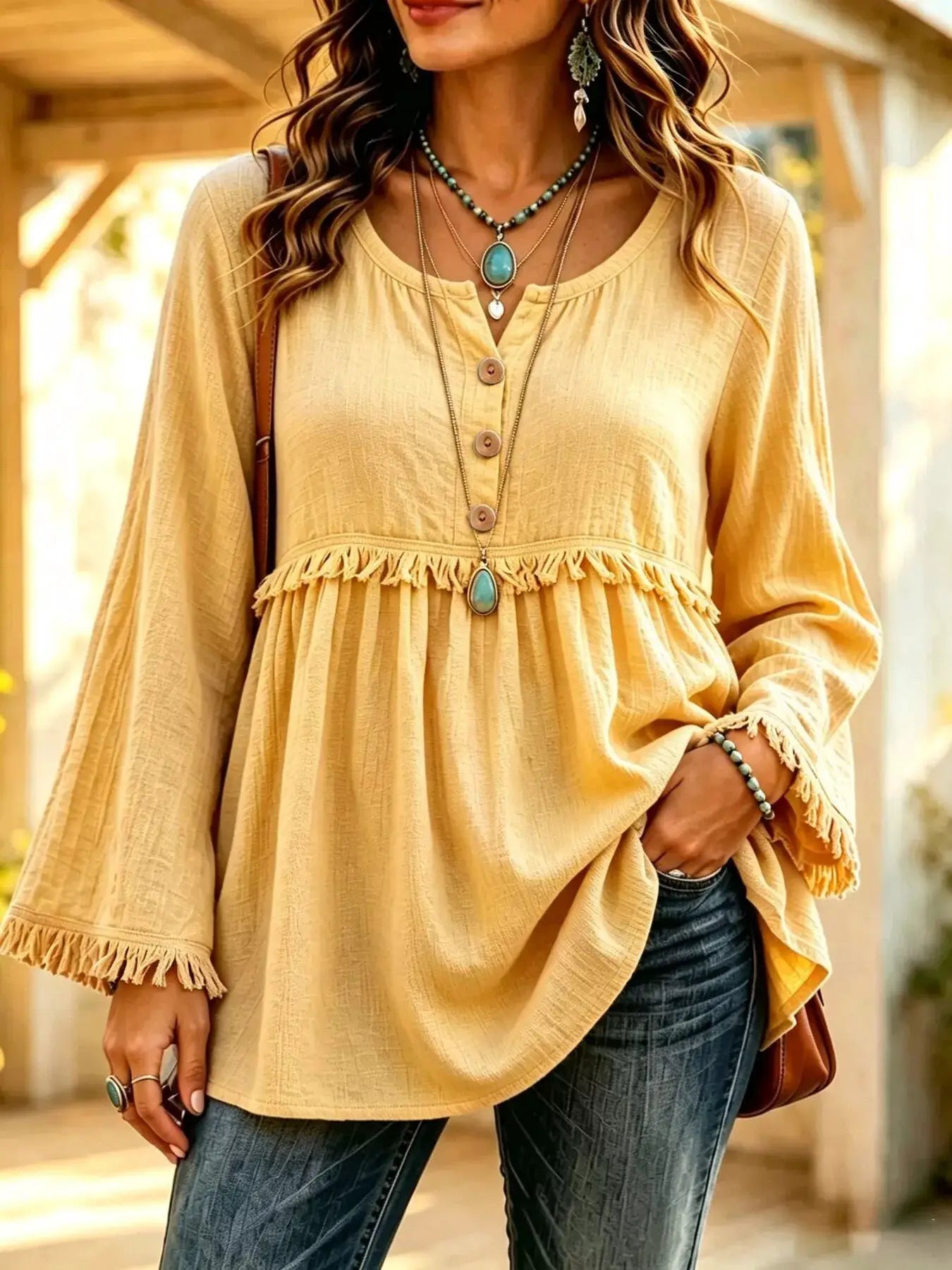 Button-Down Detail Fringed Hem Blouse by Trendsi