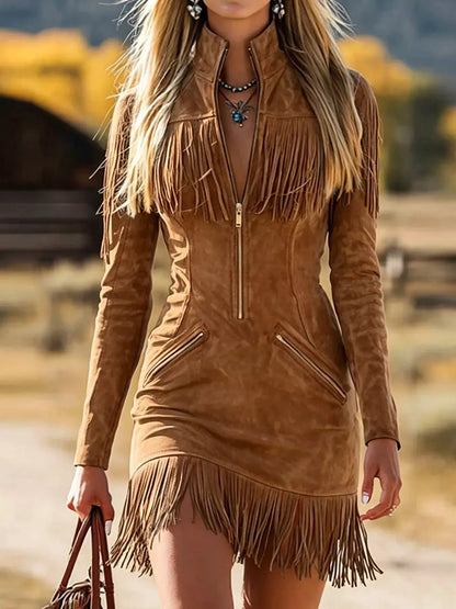Fringed Zip-Front Mini Dress by Trendsi