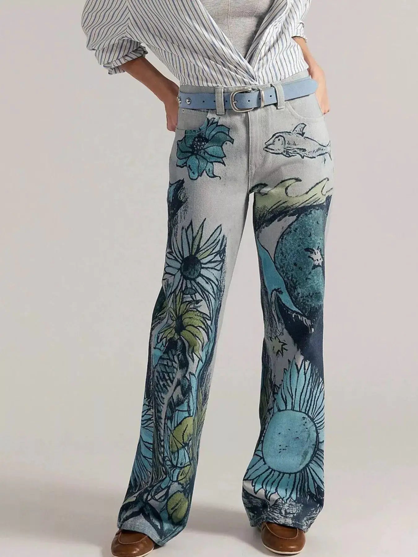 Printed Wide Leg Jeans by Trendsi