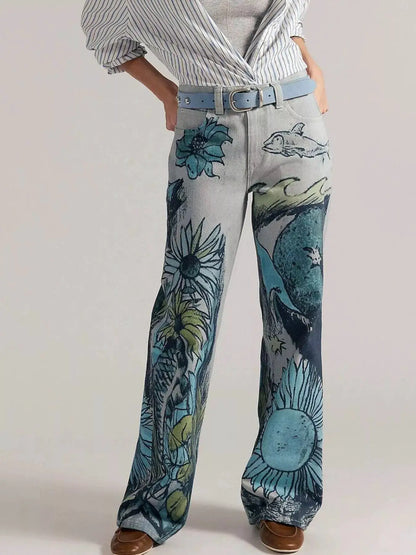 Printed Wide Leg Jeans by Trendsi