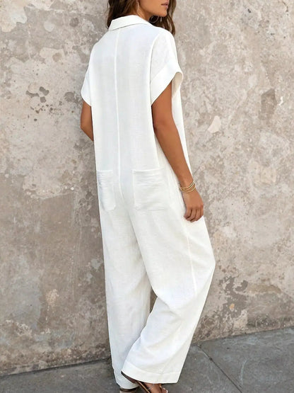Button Front Short Sleeve Jumpsuit by Trendsi