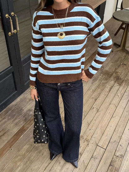 Striped Crew Neck Knit Sweater by Trendsi