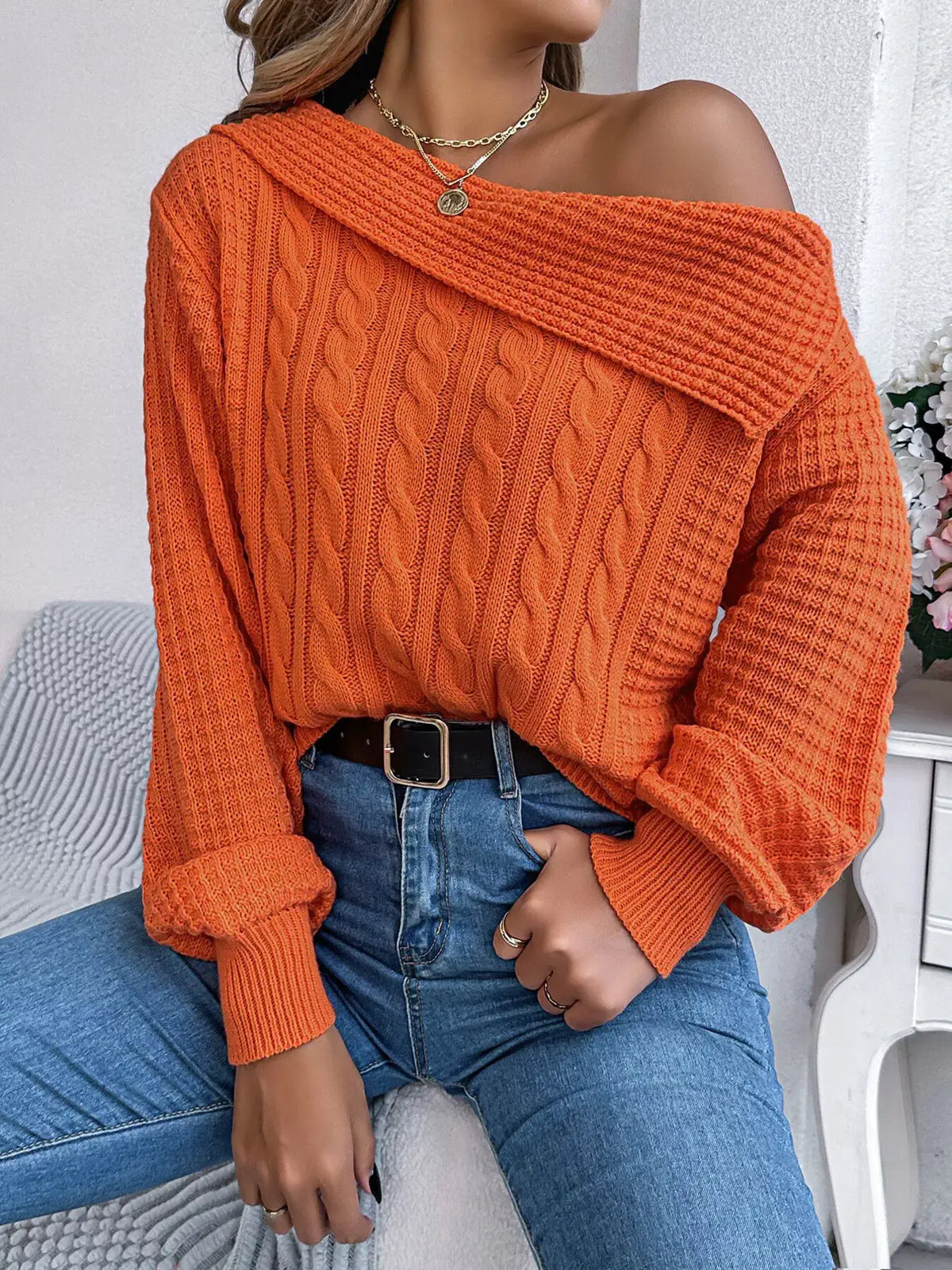 One Shoulder Cable Knit Sweater by Trendsi