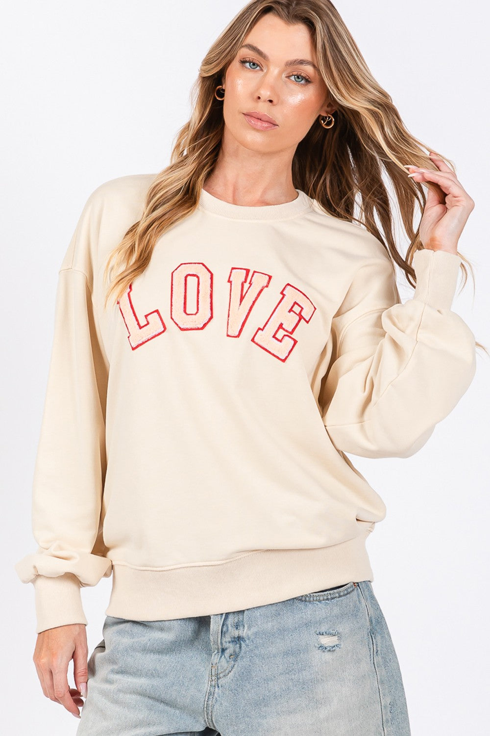 SAGE + FIG LOVE Path Applique Drop Shoulder Sweatshirt