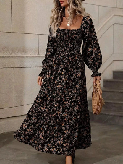 Floral Print Square Neck Smocked Midi Dress by Trendsi