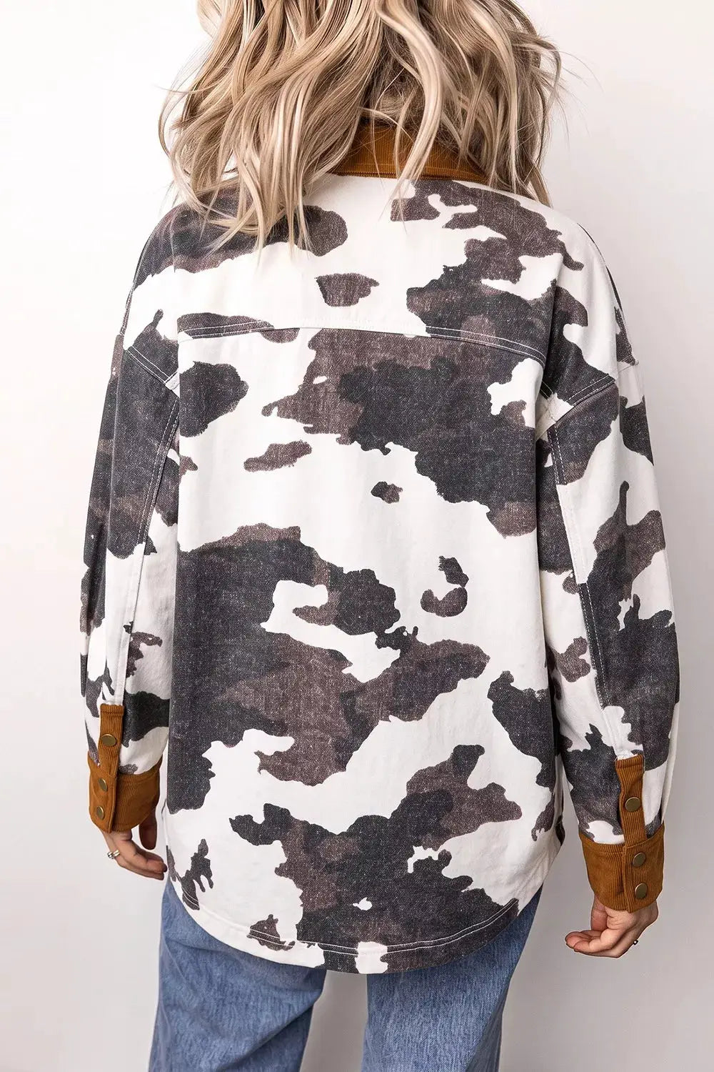 Multicolour Western Cow Print Long Sleeve Button-Up Denim Jacket by Trendsi