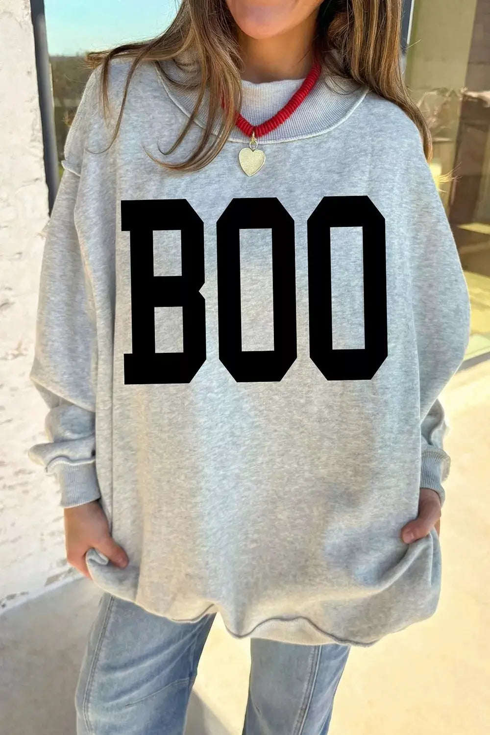Halloween BOO & Bat Printed Reversible Mock Neck Sweatshirt by Trendsi