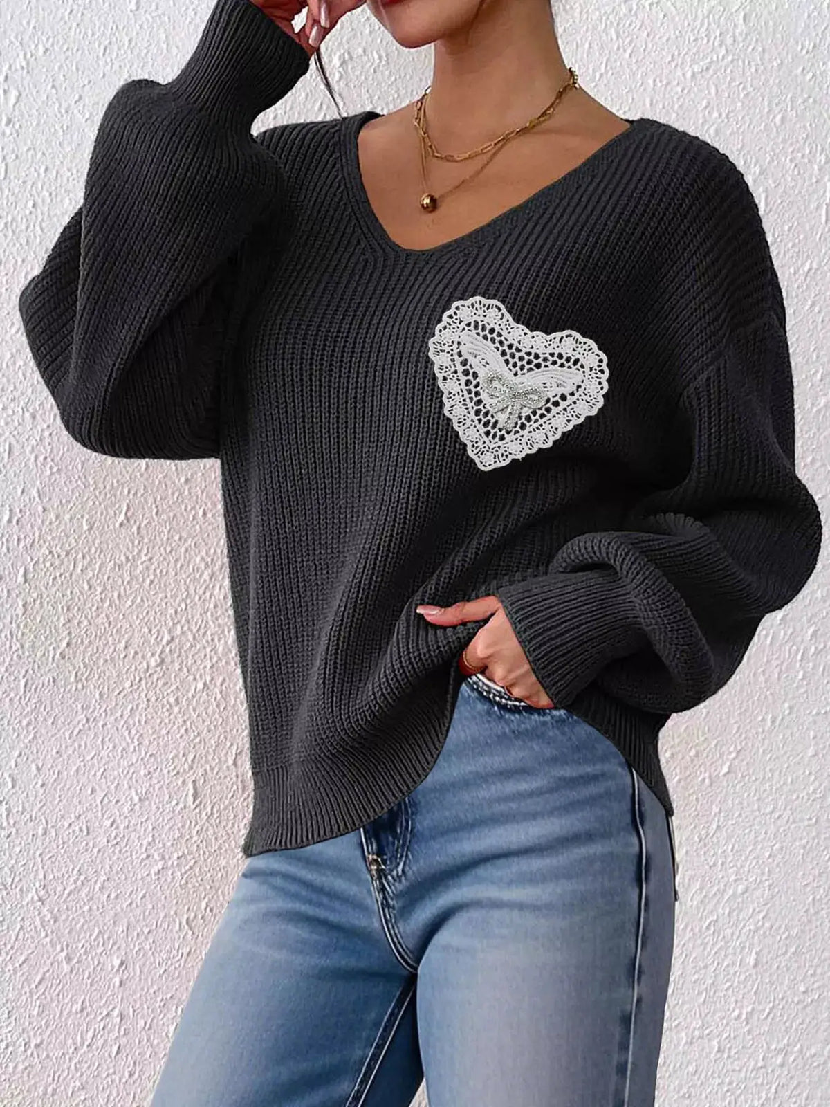 Lace Heart Dropped Shoulder Sweater by Trendsi