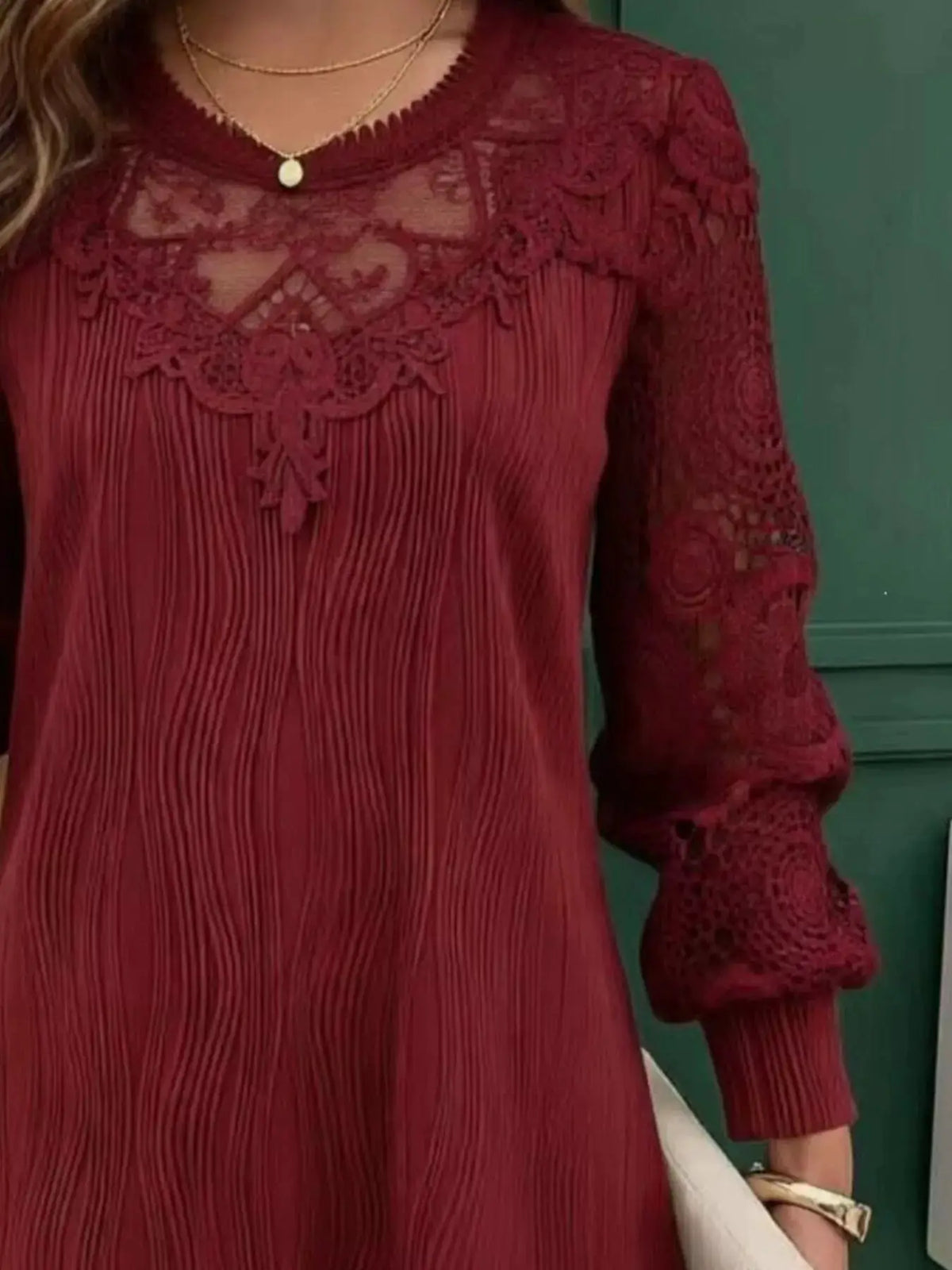 Lace Patchwork Long Sleeve Blouse by Trendsi