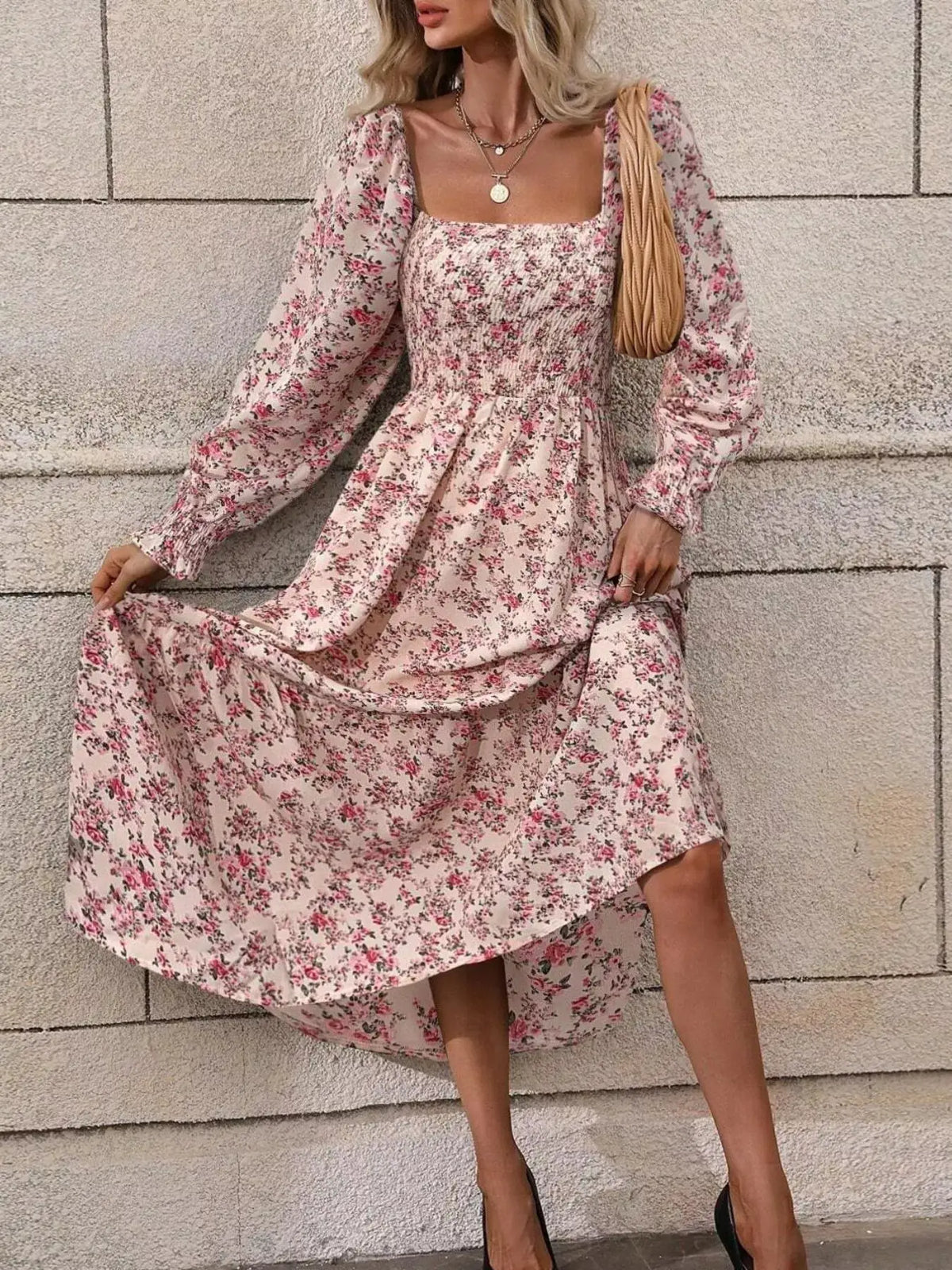 Floral Print Square Neck Smocked Midi Dress by Trendsi