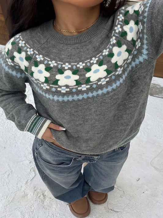 Floral Pattern Round Neck Sweater by Trendsi