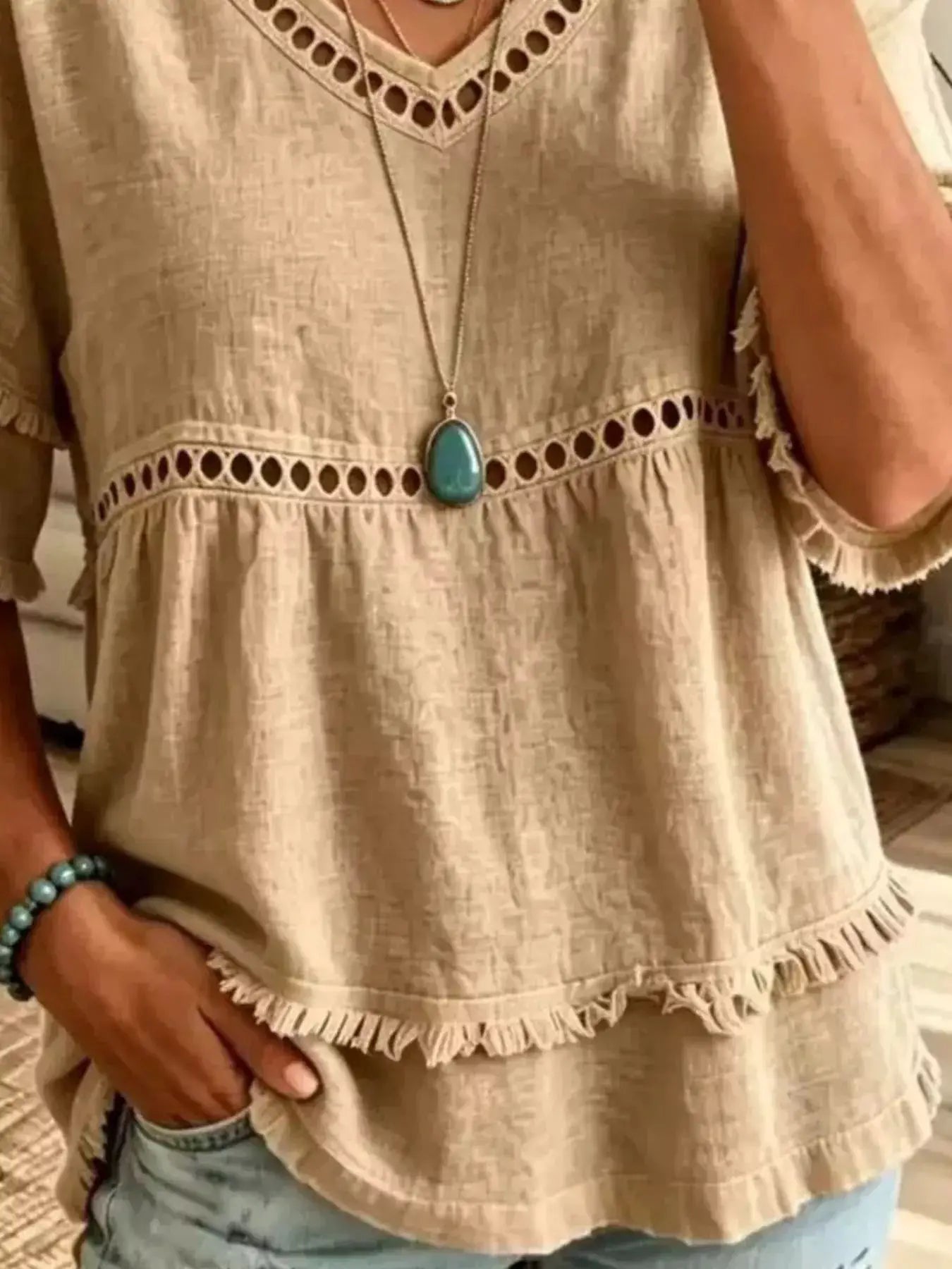 Eyelet V-Neck Frayed Edge T-Shirt by Trendsi