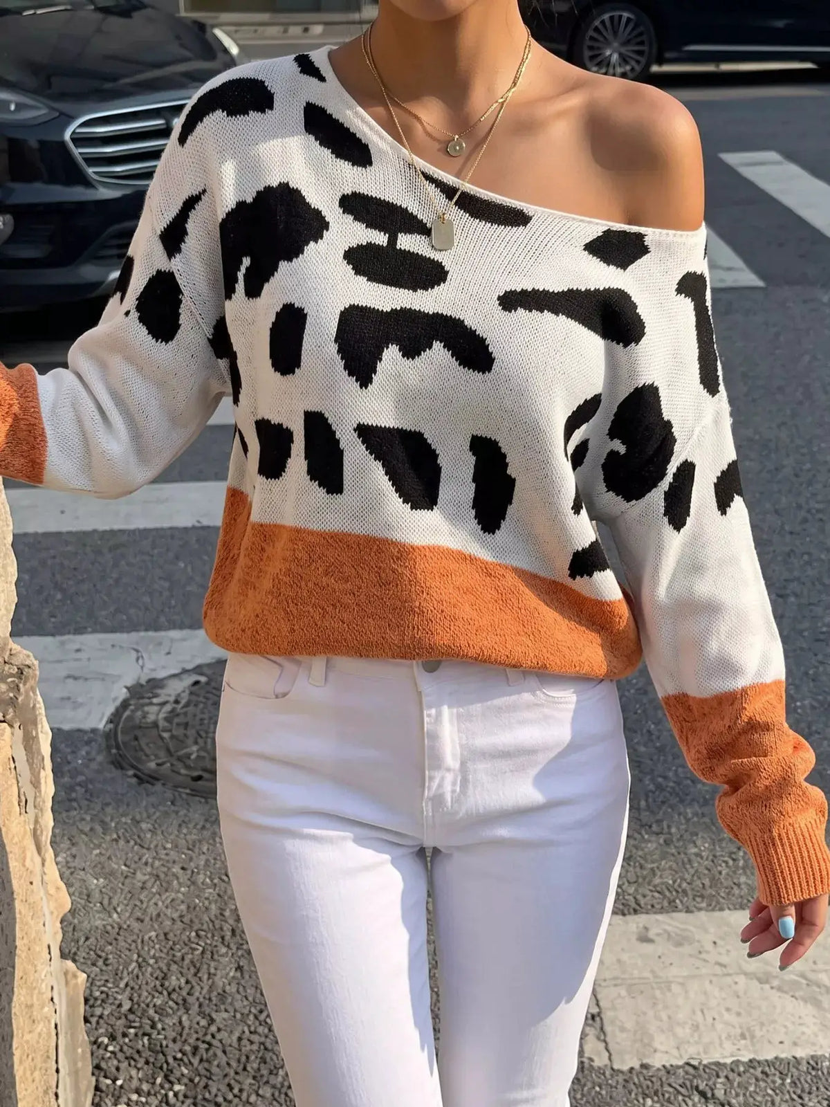 Full Size Off-Shoulder Colorblock Animal Print Sweater Plus Size by Trendsi