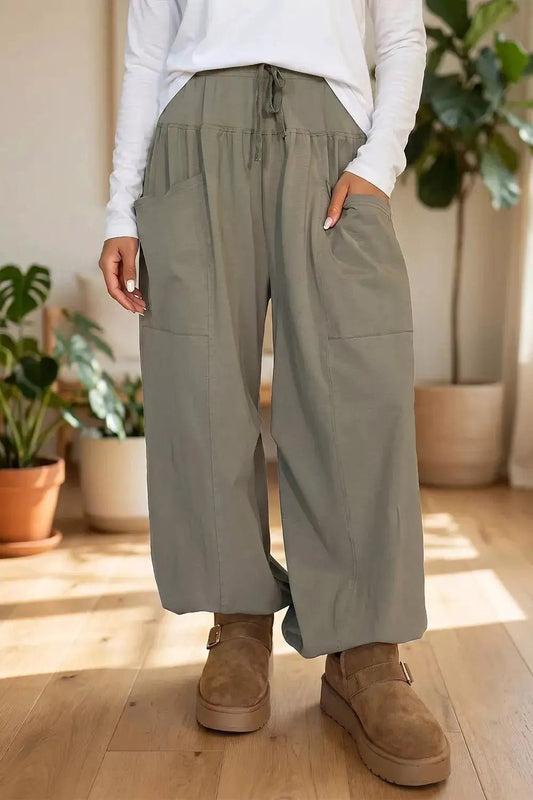 Elastic Waist Drawstring Wide Leg Full Length Pants - Bitsy Gypsy Boutique