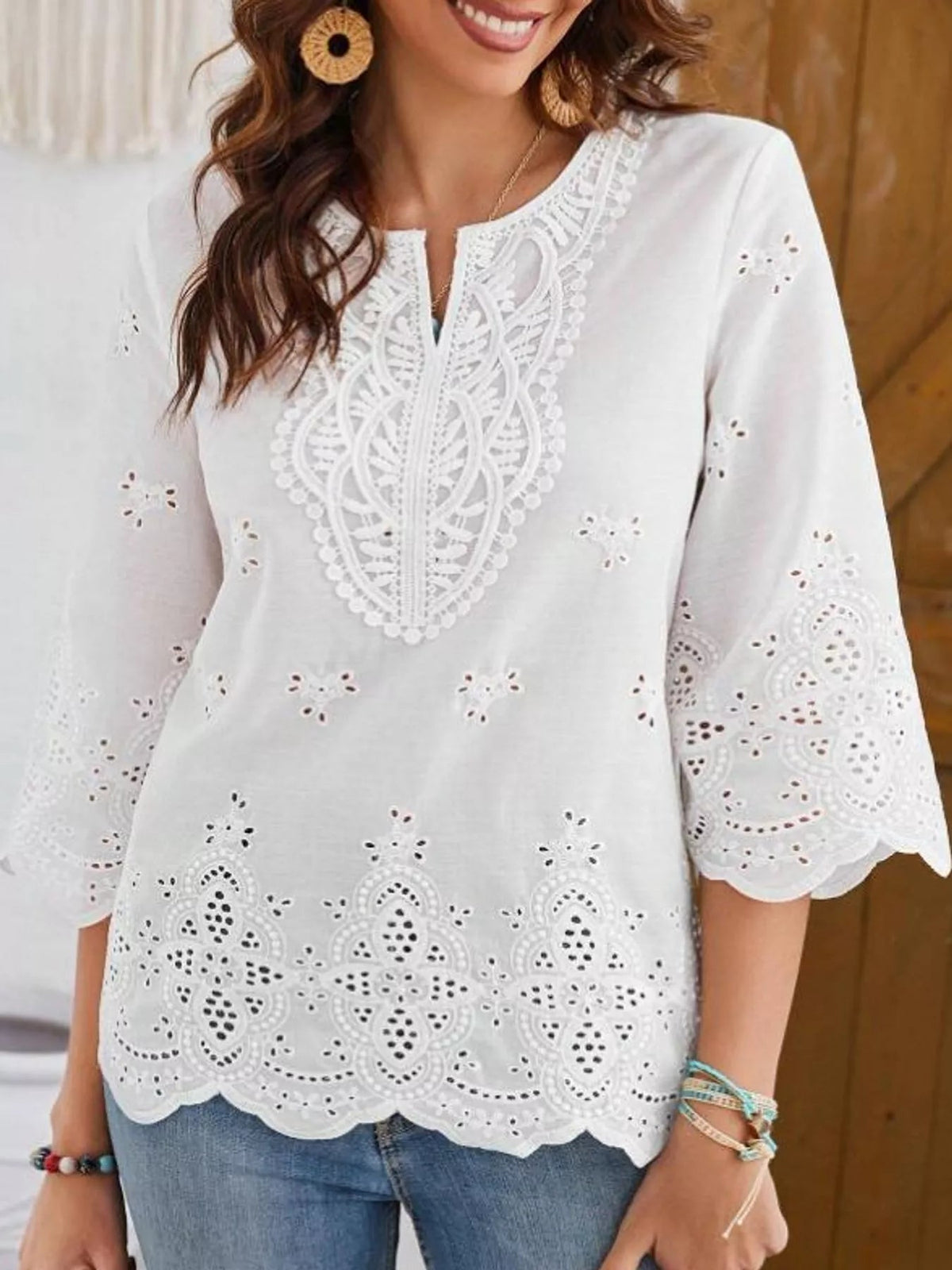 Elegant Eyelet Embroidered V-Neck Blouse - Bitsy Gypsy Boutique