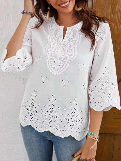 Elegant Eyelet Embroidered V-Neck Blouse - Bitsy Gypsy Boutique