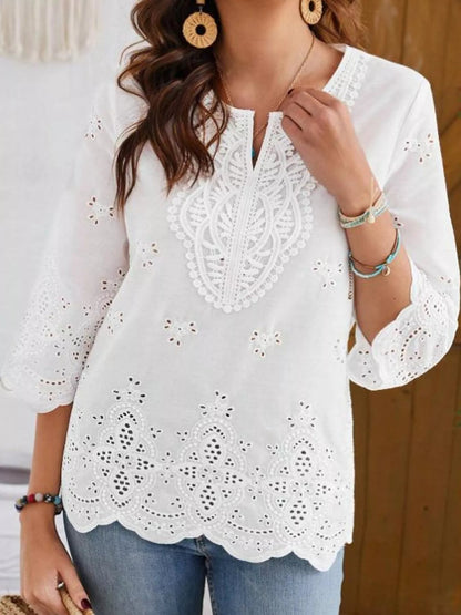 Elegant Eyelet Embroidered V-Neck Blouse - Bitsy Gypsy Boutique