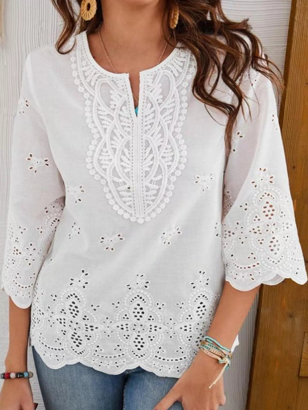 Elegant Eyelet Embroidered V-Neck Blouse - Bitsy Gypsy Boutique