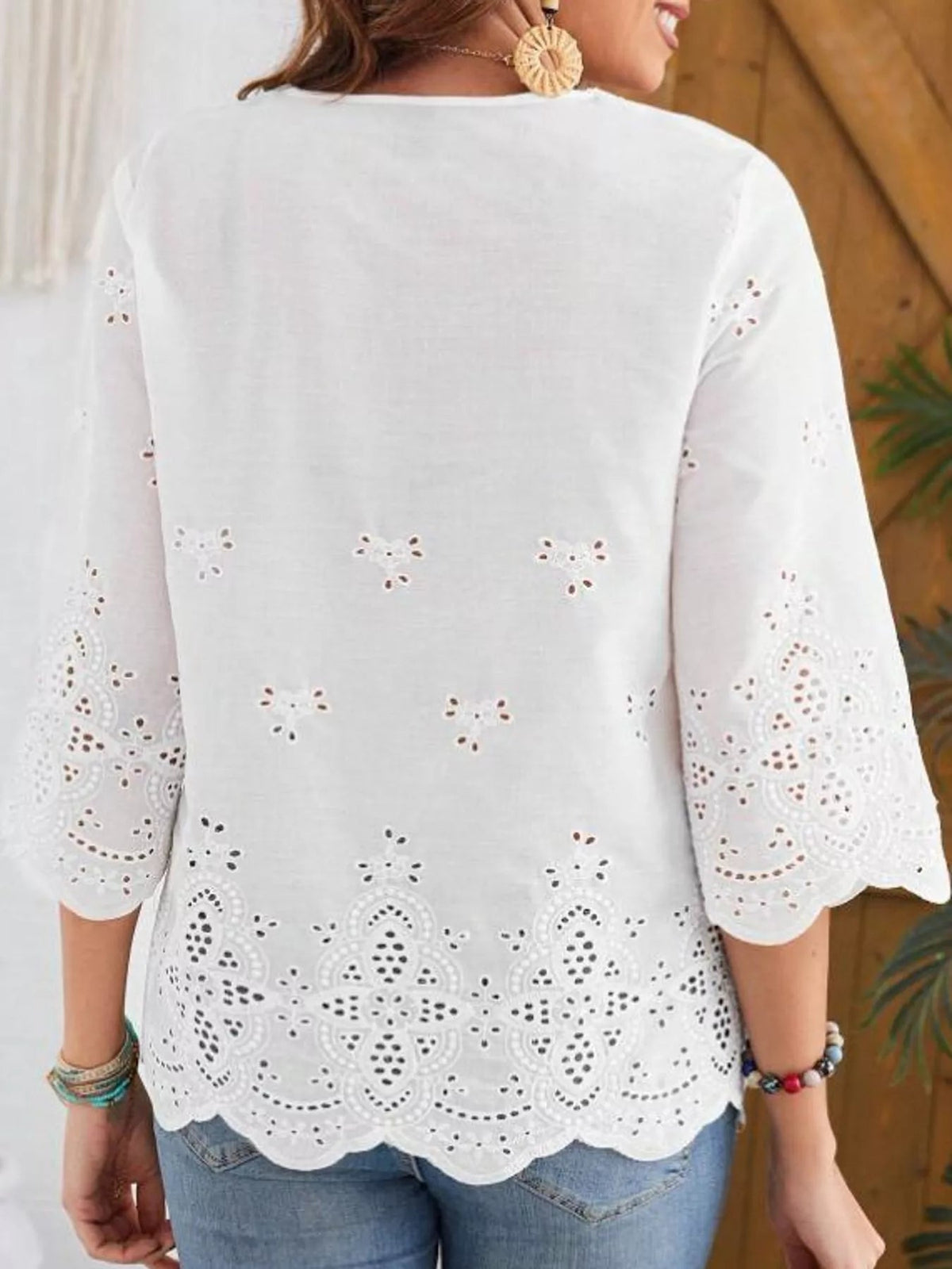 Elegant Eyelet Embroidered V-Neck Blouse - Bitsy Gypsy Boutique