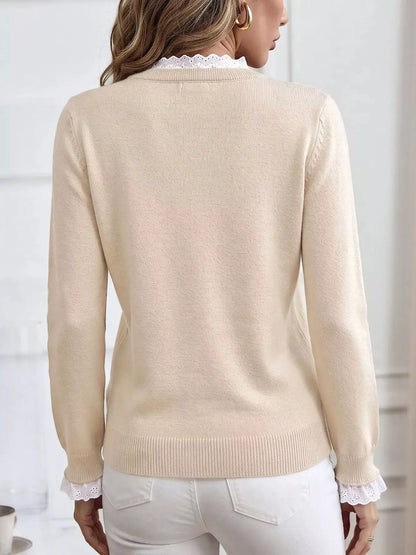 Elegant Lace Trim Round Neck Sweater by Trendsi