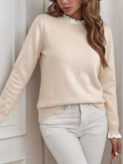 Elegant Lace Trim Round Neck Sweater by Trendsi