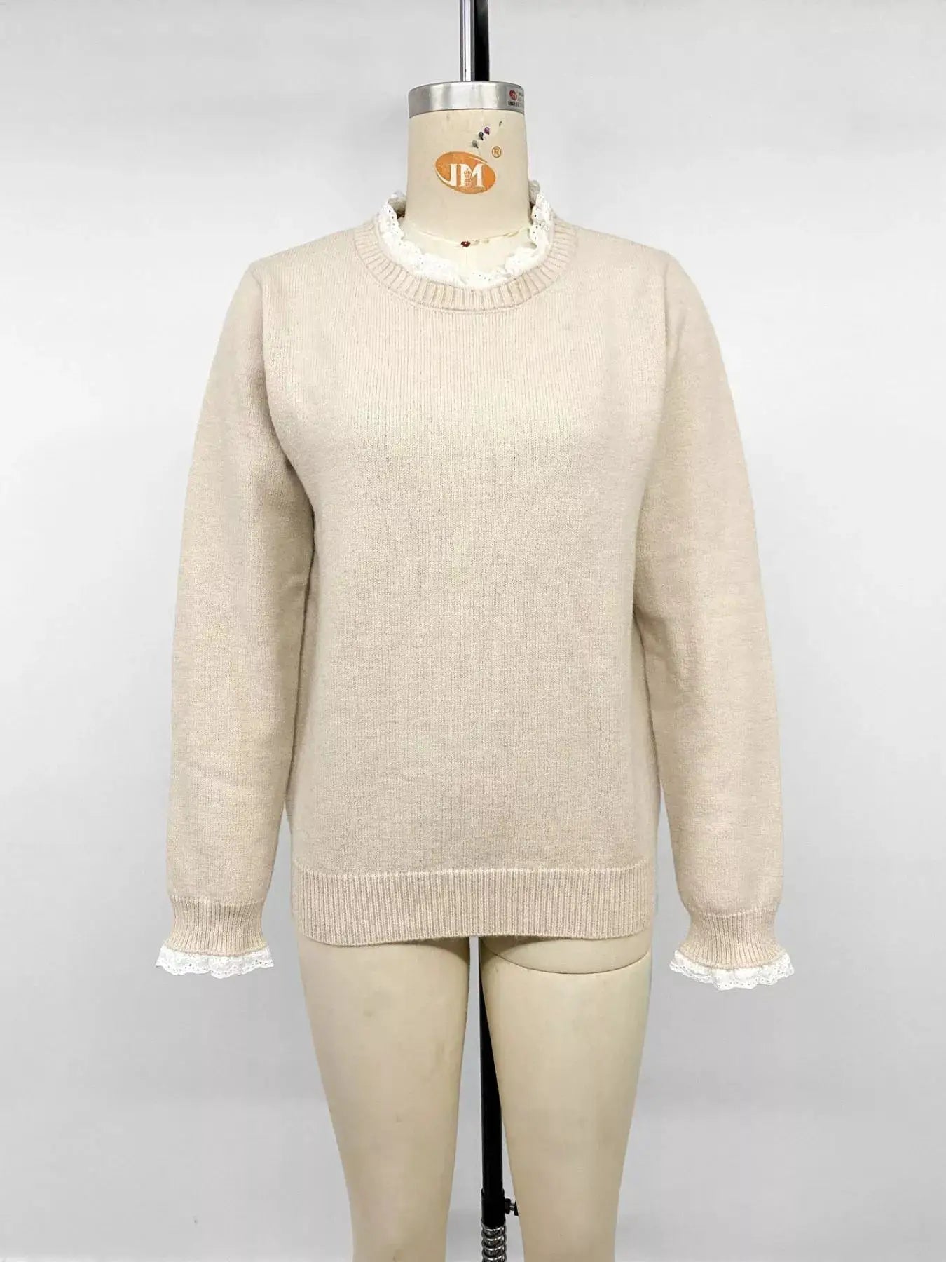Elegant Lace Trim Round Neck Sweater by Trendsi