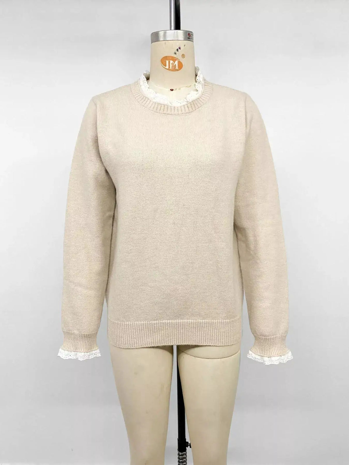 Elegant Lace Trim Round Neck Sweater by Trendsi