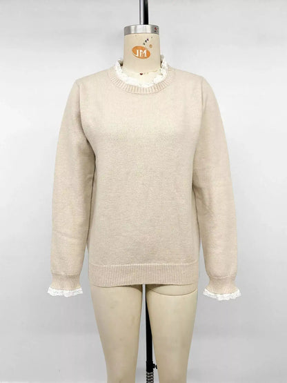 Elegant Lace Trim Round Neck Sweater by Trendsi