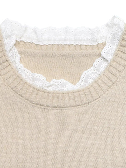 Elegant Lace Trim Round Neck Sweater by Trendsi