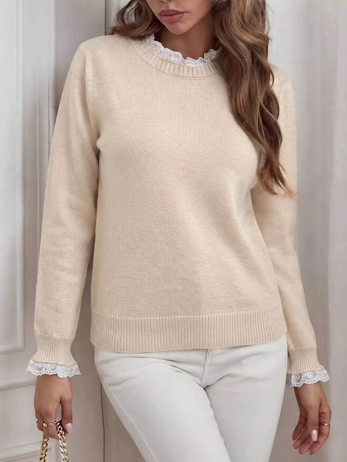 Elegant Lace Trim Round Neck Sweater by Trendsi