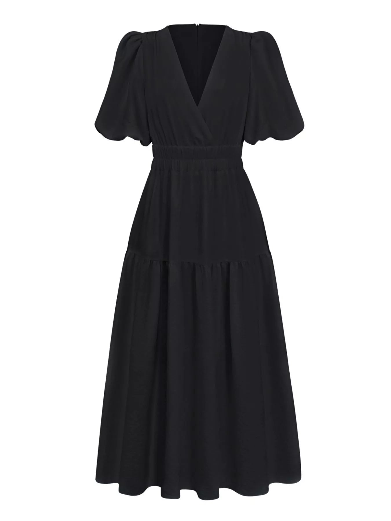 Elegant Puff Sleeve V-Neck Midi Dress - Bitsy Gypsy Boutique