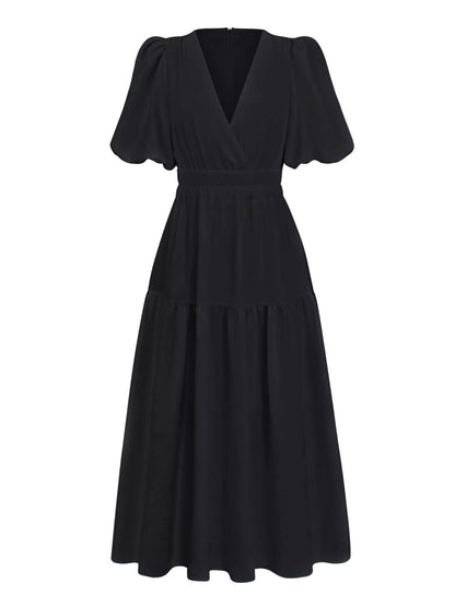 Elegant Puff Sleeve V-Neck Midi Dress - Bitsy Gypsy Boutique